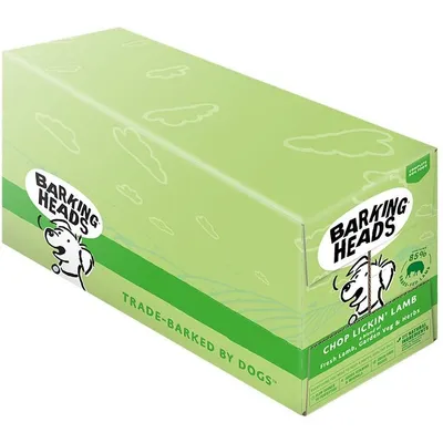 Barking Heads Chop Lickin’ Lamb, fresh lamb with garden veg and herbs, 85% grass-fed lamb, complete food. Green box packaging shown.