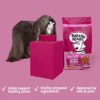 Dog eating from a bowl next to Barking Heads Golden Years Big Foot chicken food. Text: Helps support healthy joints, freshly prepared ingredients, approved by vets and pets.