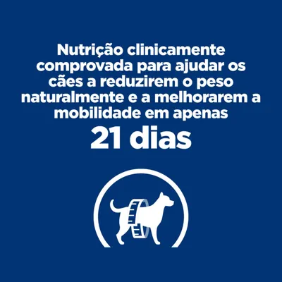 Nutrição clinicamente comprovada para ajudar os cães a reduzirem o peso naturalmente e a melhorarem a mobilidade em apenas 21 dias.