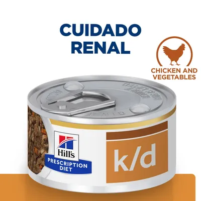 Lata de Hill's Prescription Diet k/d, texto visible: 'CUIDADO RENAL', 'CHICKEN AND VEGETABLES'. Imagen de pollo. Etiqueta con parte del contenido visible.