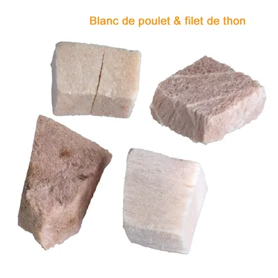 Morceaux visibles de blanc de poulet et filet de thon, texte en haut : Blanc de poulet & filet de thon.