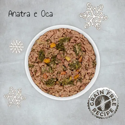 Ciotola di alimento umido con verdure, testo visibile: Anatra e Oca, etichetta Grain Free Recipe.