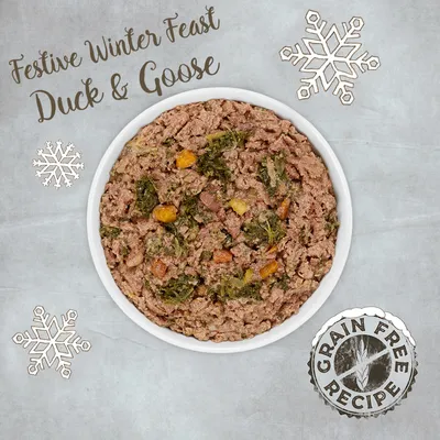Festive Winter Feast Duck & Goose, Grain Free Recipe felirat, tálban darabos nedves eledel zöldségekkel, gabonamentes jelöléssel.
