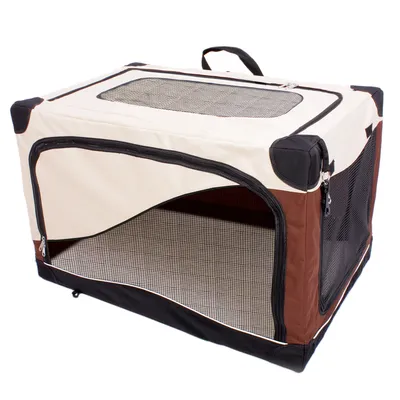 Foldable soft-sided pet carrier with mesh windows and a zippered front opening, shown open for ventilation and access.