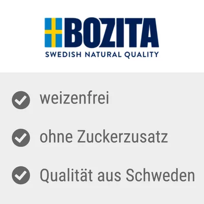 Bozita. Swedish Natural Quality. Weizenfrei, ohne Zuckerzusatz, Qualität aus Schweden.
