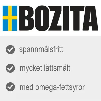 BOZITA. Spannmålsfritt, mycket lättsmält, med omega-fettsyror.