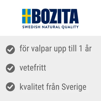 BOZITA SWEDISH NATURAL QUALITY, för valpar upp till 1 år, vetefritt, kvalitet från Sverige. Text på svenska och engelska.