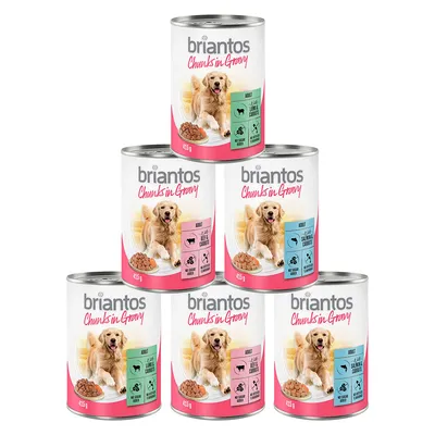 Briantos Chunks in Gravy, wet food for dogs, varieties: Adult with lamb & carrots and Adult with chicken & carrots, 415g cans, six cans visible.
