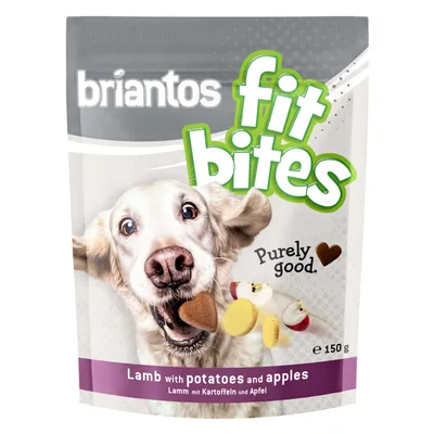 Briantos Fit Bites, cordero con patatas y manzana, Purely good, 150 g. El envase muestra un perro con un snack en forma de corazón y los ingredientes.
