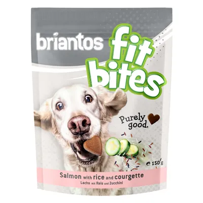 Briantos Fit Bites, Purely good. Losos s rižom i tikvicom, e150g. Pas drži srcoliki zalogaj u ustima.