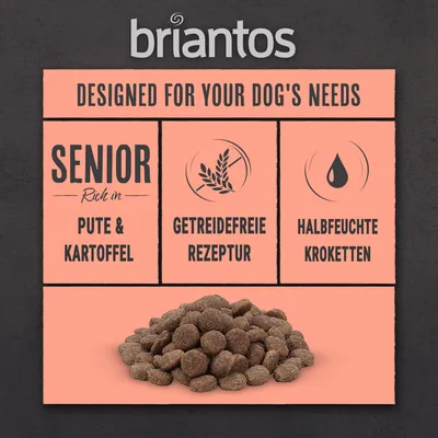 Briantos Senior hundefoder, rig på kalkun og kartoffel, kornfri opskrift, halvfugtige kroketter.