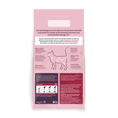 Back of cat food bag showing benefits for mature cats aged 7+, including dental health, immune defence, heart health, skin and coat, urinary tract health, joint support, and feeding guide.