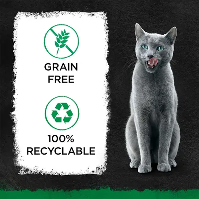 Teksti: GRAIN FREE, 100% RECYCLABLE. Viljaton-merkki ja kierrätyssymboli. Teksti englanniksi.