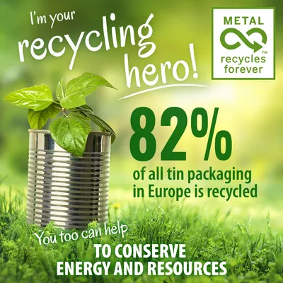 METAL recycles forever. 82% of all tin packaging in Europe is recycled. You too can help to conserve energy and resources.
