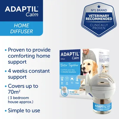 Adaptil Calm Home Diffuser. Proven to provide comforting home support, 4 weeks constant support, covers up to 70m² (3 bedroom house approx.), simple to use. Veterinary recommended.