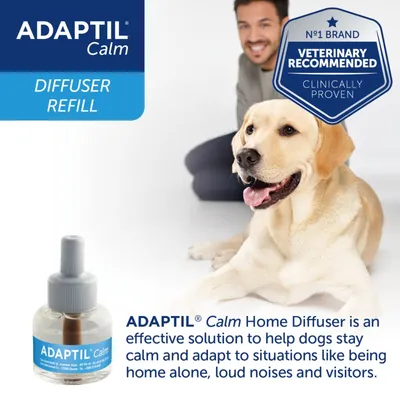 ADAPTIL Calm Diffuser Refill. Veterinary recommended, clinically proven. Helps dogs stay calm and adapt to being home alone, loud noises and visitors. Product bottle shown.