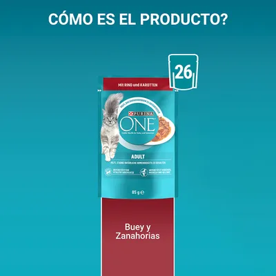 Purina ONE Adult con buey y zanahorias, sobre de 85 g. Imagen muestra 26 sobres. Texto visible: 'Mit Rind und Karotten', 'Buey y Zanahorias'.