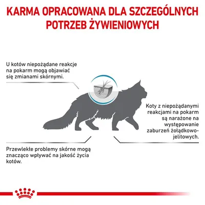 Karma opracowana dla szczególnych potrzeb żywieniowych kotów. Informacje o niepożądanych reakcjach na pokarm, zmianach skórnych i zaburzeniach żołądkowo-jelitowych. Karma opracowana dla szczególnych potrzeb żywieniowych kotów. Informacje o niepożądanych reakcjach na pokarm, zmianach skórnych i zaburzeniach żołądkowo-jelitowych.