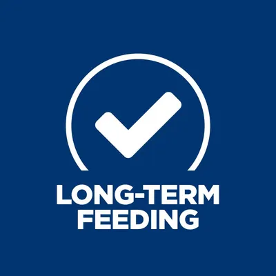 LONG-TERM FEEDING felirat, fehér pipa körben kék alapon. A szöveg angol nyelvű.