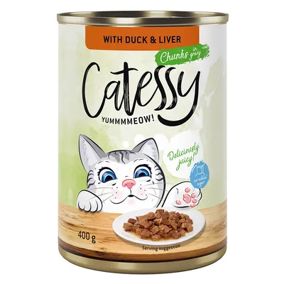 Catessy Chunks in Gravy mit Ente und Leber, 400g. Deliciously juicy, ohne Zuckerzusatz.