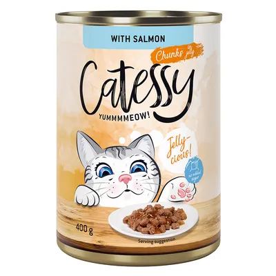 Catessy Chunks in Jelly mit Lachs, 400g Dose. Illustration einer Katze und Serviervorschlag mit Fleischstücken auf Teller. Text: 'Jelly-cious!', 'no added sugar'.