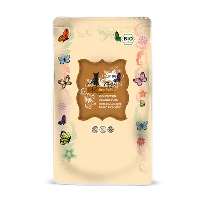 Sachet Cat Finefood N°509, porc biologique. Texte visible : BIO-SCHWEIN, ORGANIC PORK, PORC BIOLOGIQUE, PORCO BIOLOGICO. Sceau Bio en haut à droite.