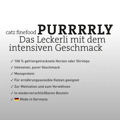 catz finefood PURRRRLY. Das Leckerli mit intensivem Geschmack: 100% gefriergetrocknete Herzen oder Shrimps, Monoprotein, für ernährungssensible Katzen, wiederverschliessbare Beutel, Made in Germany.
