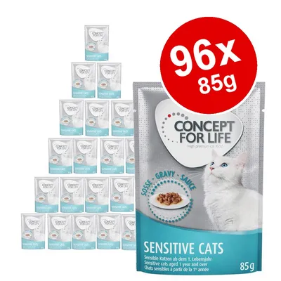 Concept for Life Sensitive Cats wet cat food, 96 x 85g pouches shown. Visible text: 'SENSITIVE CATS', 'SOSE • GRAVY • SAUCE', 'Sensitive cats aged 1 year and over'.