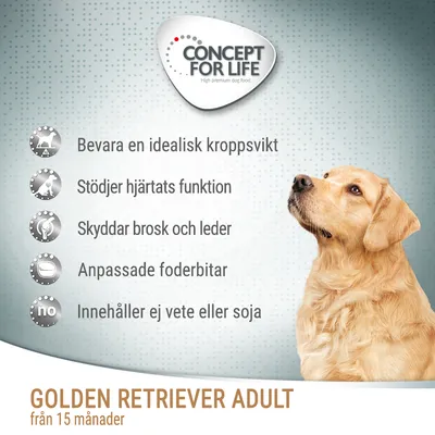 CONCEPT FOR LIFE. Bevara en idealisk kroppsvikt, Stödjer hjärtats funktion, Skyddar brosk och leder, Anpassade foderbitar, Innehåller ej vete eller soja. GOLDEN RETRIEVER ADULT från 15 månader.