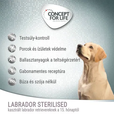 CONCEPT FOR LIFE LABRADOR STERILISED, kasztrált labrador retrievereknek 15. hónaptól. Testsúly-kontroll, porcok és ízületek védelme, gabonamentes, búza és szója nélkül.