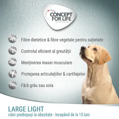 Concept for Life Large Light. Fibre dietetice, controlul greutății, menținerea masei musculare, protejarea articulațiilor, fără grâu sau soia. Pentru câini predispuși la obezitate de la 15 luni.