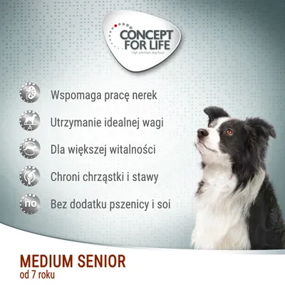 Concept for Life Medium Senior od 7 roku. Wspomaga pracę nerek, utrzymanie idealnej wagi, dla większej witalności, chroni chrząstki i stawy, bez dodatku pszenicy i soi. Concept for Life Medium Senior od 7 roku. Wspomaga pracę nerek, utrzymanie idealnej wagi, dla większej witalności, chroni chrząstki i stawy, bez dodatku pszenicy i soi.