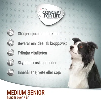 Concept for Life. Stödjer njurarnas funktion, bevarar en idealisk kroppsvikt, främjar vitaliteten, skyddar brosk och leder, innehåller ej vete eller soja. Medium Senior hundar över 7 år.