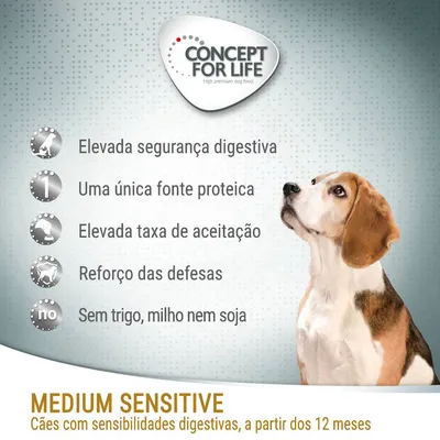 Concept for Life Medium Sensitive: elevada segurança digestiva, uma única fonte proteica, elevada taxa de aceitação, reforço das defesas, sem trigo, milho nem soja. Para cães adultos. Concept for Life Medium Sensitive: elevada segurança digestiva, uma única fonte proteica, elevada taxa de aceitação, reforço das defesas, sem trigo, milho nem soja. Para cães adultos.
