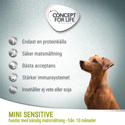 CONCEPT FOR LIFE. Endast en proteinkälla, säker matsmältning, bästa acceptans, stärker immunsystemet, innehåller ej vete eller soja. MINI SENSITIVE hundar med känslig matsmältning från 10 månader.