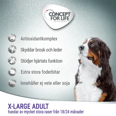 Concept for Life. Antioxidantkomplex, skyddar brosk och leder, stödjer hjärtats funktion, extra stora foderbitar, innehåller ej vete eller soja. X-Large Adult hundar av mycket stora raser från 18/24 månader.