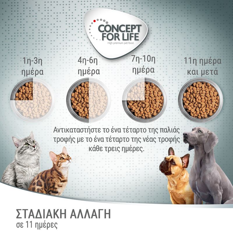 CONCEPT FOR LIFE. Σταδιακή αλλαγή τροφής σε 11 ημέρες: οδηγίες αντικατάστασης παλιάς με νέα τροφή ανά τριήμερο, με εικόνες γάτας και σκύλου. Οδηγίες στα ελληνικά ορατές.