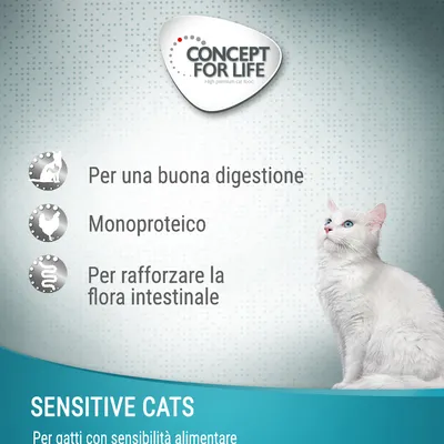 Concept for Life. Per una buona digestione, monoproteico, per rafforzare la flora intestinale. Sensitive Cats per gatti con sensibilità alimentare.