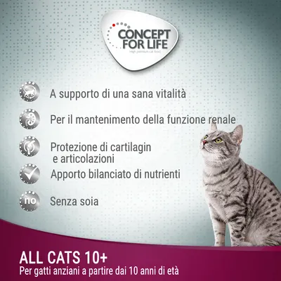 Concept for Life. A supporto di una sana vitalità, per il mantenimento della funzione renale, protezione di cartilagini e articolazioni, apporto bilanciato di nutrienti, senza soia. ALL CATS 10+ Per gatti anziani a partire dai 10 anni di età.