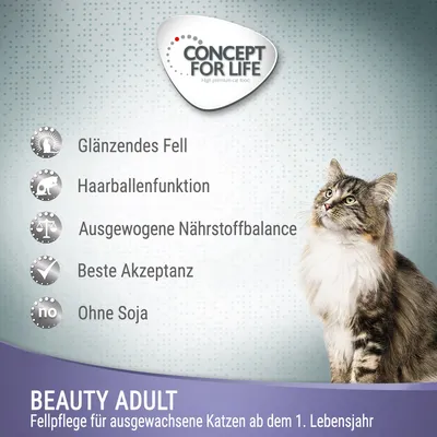 Concept for Life Beauty Adult. Fellpflege für ausgewachsene Katzen ab dem 1. Lebensjahr. Glänzendes Fell, Haarballenfunktion, ausgewogene Nährstoffbalance, beste Akzeptanz, ohne Soja.