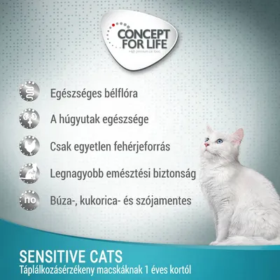CONCEPT FOR LIFE. Egészséges bélflóra, húgyutak egészsége, egyetlen fehérjeforrás, emésztési biztonság, búza-, kukorica- és szójamentes. Sensitive Cats: táplálkozásérzékeny macskáknak 1 éves kortól.