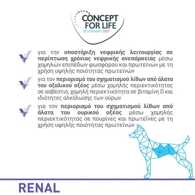 CONCEPT FOR LIFE VETERINARY DIET RENAL. Υποστήριξη νεφρικής λειτουργίας, περιορισμός σχηματισμού λίθων οξαλικού και ουρικού οξέος μέσω ειδικής σύνθεσης. Κείμενο στα ελληνικά.