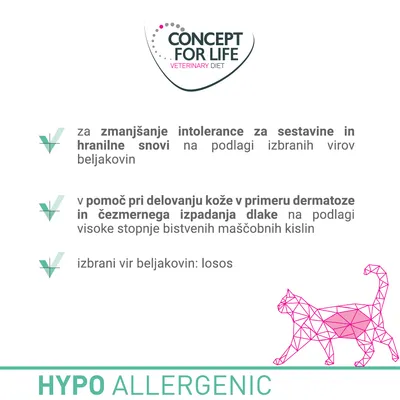 Concept for Life Veterinary Diet. Za zmanjšanje intolerance za sestavine in hranilne snovi, pomoč pri delovanju kože, izbrani vir beljakovin: losos. HYPO ALLERGENIC.