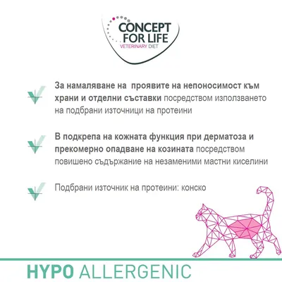 Concept for Life Veterinary Diet. За намаляване на проявите на непоносимост към храни и съставки, подкрепа на кожната функция при дерматоза, източник на протеини: конско. HYPO ALLERGENIC.