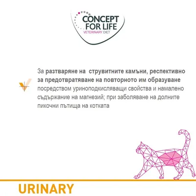 Concept for Life Veterinary Diet. За разтваряне на струвитните камъни и предотвратяване на повторното им образуване при котки; URINARY.