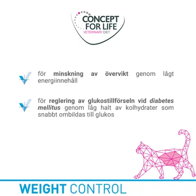 CONCEPT FOR LIFE VETERINARY DIET. För minskning av övervikt genom lågt energiinnehåll. För reglering av glukostillförseln vid diabetes mellitus genom låg halt av kolhydrater. WEIGHT CONTROL.