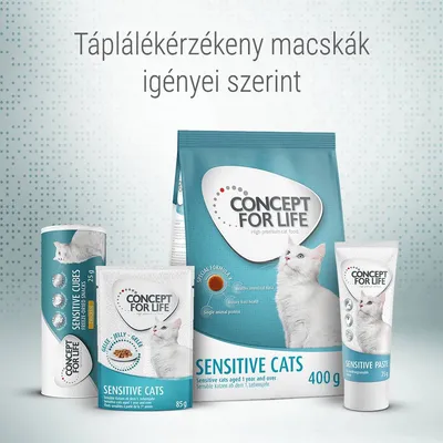 Concept for Life Sensitive Cats macskaeledel csomagolások: 400 g száraztáp, 85 g alutasakos eledel, 75 g paszta és falatkák. Felirat: Táplálékérzékeny macskák igényei szerint.