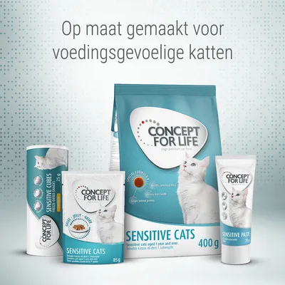 Concept for Life Sensitive Cats kattenvoer, cubes, jelly en paste. Tekst: Op maat gemaakt voor voedingsgevoelige katten. Verpakkingen tonen witte kat en productnamen.