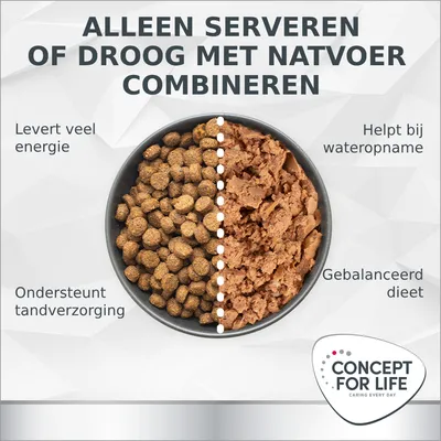 Alleen serveren of droog met natvoer combineren. Levert veel energie, ondersteunt tandverzorging, helpt bij wateropname, gebalanceerd dieet. Concept for Life.