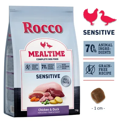 Rocco Mealtime Sensitive пиле и патица, 70% животински съставки, беззърнена рецепта, богата на прясна патица. Размер на гранулите: 1 см.
